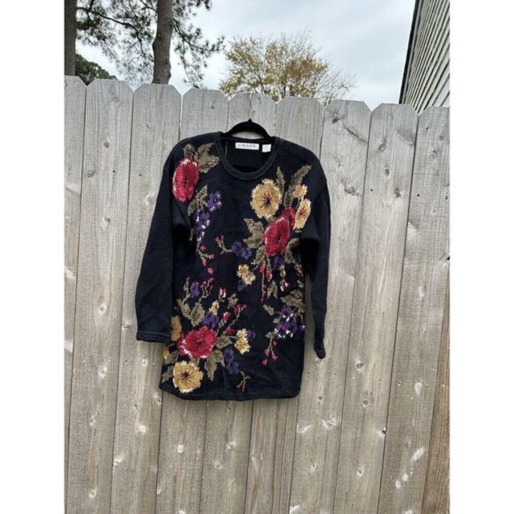 Vintage Chaus Sweater‎ Floral Black Cottagecore Small Winter Knit Fall Cozy